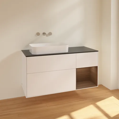VILLEROY BOCH Toaletní skříňka Finion, s osvětlením, 3 výsuvy, 1200 x 603 x 501 mm, bílý matný lak / ořechová dýha / černé matné sklo #F692GNMT, obrázek 2