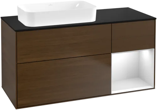 VILLEROY BOCH Toaletní skříňka Finion, s osvětlením, 3 výsuvy, 1200 x 603 x 501 mm, ořechová dýha / bílý matný lak / černé matné sklo #F692MTGN