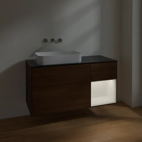 VILLEROY BOCH Toaletní skříňka Finion, s osvětlením, 3 výsuvy, 1200 x 603 x 501 mm, ořechová dýha / bílý matný lak / černé matné sklo #F692MTGN, obrázek 3