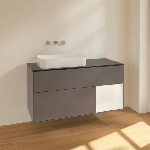 VILLEROY BOCH Toaletní skříňka Finion, s osvětlením, 3 výsuvy, 1200 x 603 x 501 mm, antracitový matný lak / bílý matný lak / černé matné sklo #F692MTGK, obrázek 2