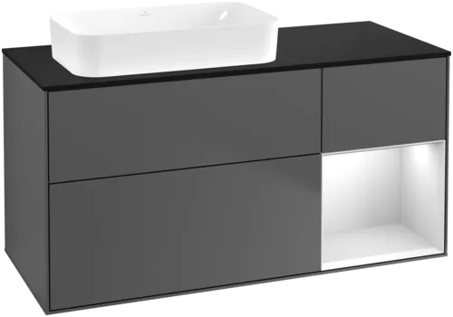 VILLEROY BOCH Toaletní skříňka Finion, s osvětlením, 3 výsuvy, 1200 x 603 x 501 mm, antracitový matný lak / bílý matný lak / černé matné sklo #F692MTGK
