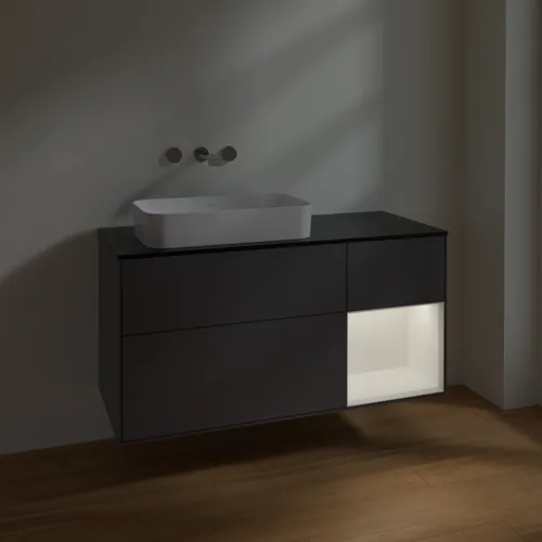 VILLEROY BOCH Toaletní skříňka Finion, s osvětlením, 3 výsuvy, 1200 x 603 x 501 mm, antracitový matný lak / bílý matný lak / černé matné sklo #F692MTGK, obrázek 4