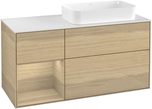 VILLEROY BOCH Toaletní skříňka Finion, s osvětlením, 3 výsuvy, 1200 x 603 x 501 mm, dubová dýha / dubová dýha / sklo bílé matné #F681PCPC