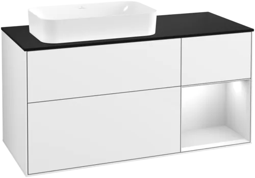 VILLEROY BOCH Toaletní skříňka Finion, s osvětlením, 3 výsuvy, 1200 x 603 x 501 mm, lesklý bílý lak / bílý matný lak / sklo černé matné #F692MTGF