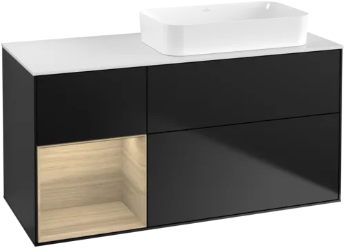VILLEROY BOCH Toaletní skříňka Finion, s osvětlením, 3 výsuvy, 1200 x 603 x 501 mm, černý matný lak / dubová dýha / sklo bílé matné #F681PCPD