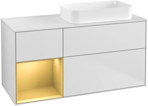 VILLEROY BOCH Toaletní skříňka Finion, s osvětlením, 3 výsuvy, 1200 x 603 x 501 mm, bílý matný lak / zlatý matný lak / bílé matné sklo #F681HFMT
