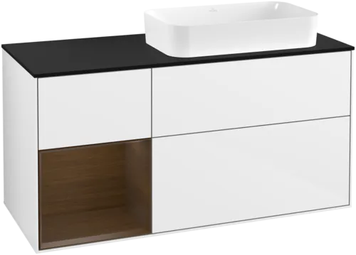 VILLEROY BOCH Toaletní skříňka Finion, s osvětlením, 3 výsuvy, 1200 x 603 x 501 mm, lesklý bílý lak / ořechová dýha / černé matné sklo #F682GNGF