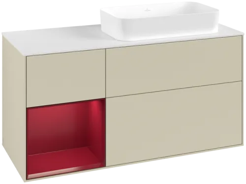 VILLEROY BOCH Toaletní skříňka Finion, s osvětlením, 3 výsuvy, 1200 x 603 x 501 mm, Silk Grey Matt Lacquer / Peony Matt Lacquer / Glass White Matt #F681HBHJ