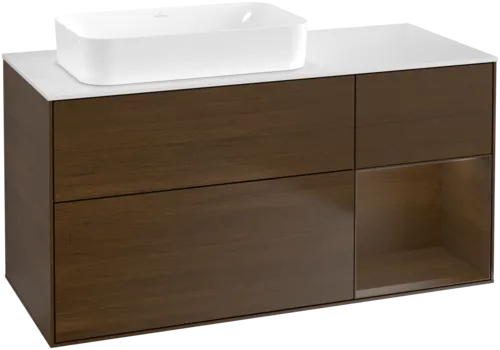 VILLEROY BOCH Toaletní skříňka Finion, s osvětlením, 3 výsuvy, 1200 x 603 x 501 mm, ořechová dýha / ořechová dýha / sklo bílé matné #F691GNGN