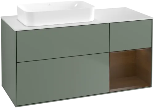 VILLEROY BOCH Toaletní skříňka Finion, s osvětlením, 3 výsuvy, 1200 x 603 x 501 mm, olivový matný lak / ořechová dýha / sklo bílé matné #F691GNGM