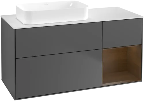 VILLEROY BOCH Toaletní skříňka Finion, s osvětlením, 3 výsuvy, 1200 x 603 x 501 mm, antracit matný lak / ořechová dýha / sklo bílé matné #F691GNGK