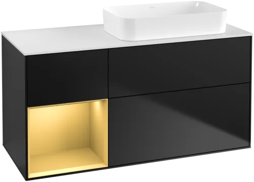 VILLEROY BOCH Toaletní skříňka Finion, s osvětlením, 3 výsuvy, 1200 x 603 x 501 mm, černý matný lak / zlatý matný lak / bílé matné sklo #F681HFPD