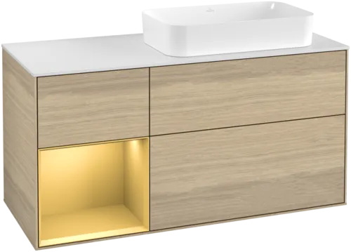 VILLEROY BOCH Toaletní skříňka Finion, s osvětlením, 3 výsuvy, 1200 x 603 x 501 mm, dubová dýha / zlatý matný lak / sklo bílé matné #F681HFPC