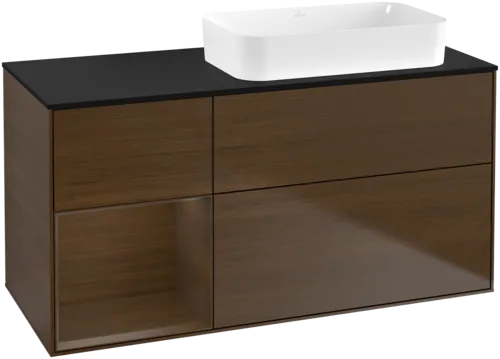 VILLEROY BOCH Toaletní skříňka Finion, s osvětlením, 3 výsuvy, 1200 x 603 x 501 mm, ořechová dýha / ořechová dýha / sklo černé matné #F682GNGN