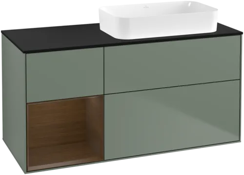 VILLEROY BOCH Toaletní skříňka Finion, s osvětlením, 3 výsuvy, 1200 x 603 x 501 mm, olivový matný lak / ořechová dýha / černé matné sklo #F682GNGM