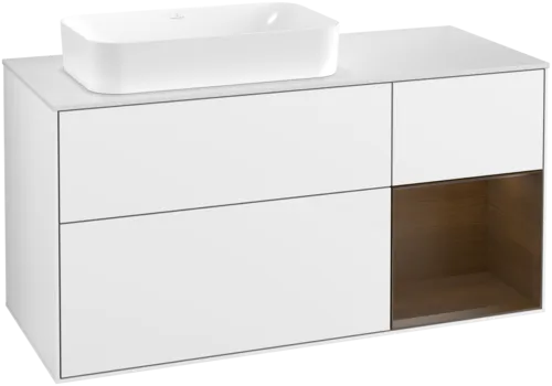 VILLEROY BOCH Toaletní skříňka Finion, s osvětlením, 3 výsuvy, 1200 x 603 x 501 mm, lesklý bílý lak / ořechová dýha / sklo bílé matné #F691GNGF