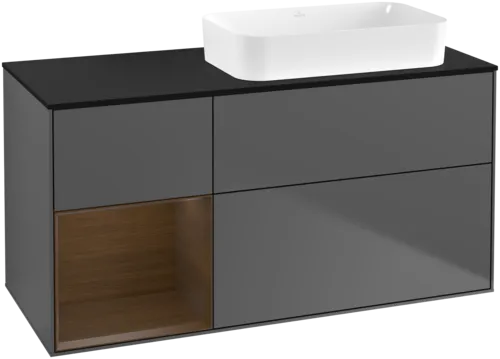 VILLEROY BOCH Toaletní skříňka Finion, s osvětlením, 3 výsuvy, 1200 x 603 x 501 mm, antracitový matný lak / ořechová dýha / černé matné sklo #F682GNGK