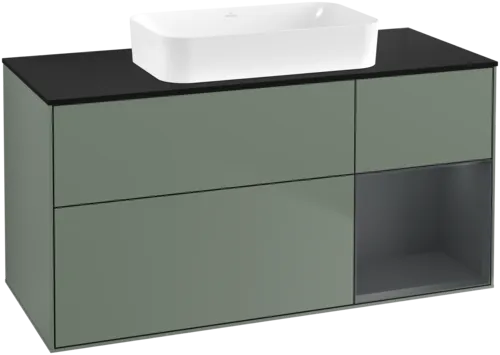 VILLEROY BOCH Toaletní skříňka Finion, s osvětlením, 3 výsuvy, 1200 x 603 x 501 mm, olivový matný lak / půlnoční modrý matný lak / černé matné sklo #F712HGGM