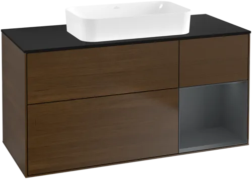 VILLEROY BOCH Toaletní skříňka Finion, s osvětlením, 3 výsuvy, 1200 x 603 x 501 mm, ořechová dýha / půlnočně modrý matný lak / černé matné sklo #F712HGGN