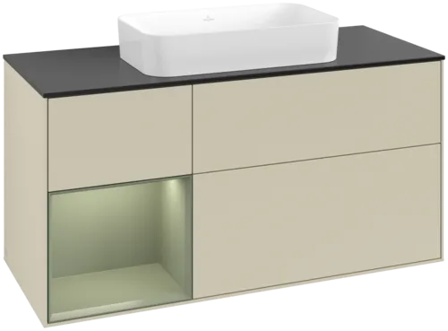 VILLEROY BOCH Toaletní skříňka Finion, s osvětlením, 3 výsuvy, 1200 x 603 x 501 mm, hedvábně šedý matný lak / olivový matný lak / černé matné sklo #F702GMHJ