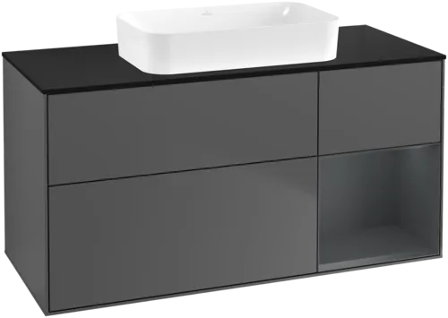 VILLEROY BOCH Toaletní skříňka Finion, s osvětlením, 3 výsuvy, 1200 x 603 x 501 mm, antracitový matný lak / půlnoční modrý matný lak / černé matné sklo #F712HGGK