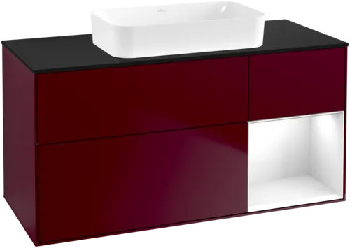 VILLEROY BOCH Toaletní skříňka Finion, s osvětlením, 3 výsuvy, 1200 x 603 x 501 mm, matný lak Peony / lesklý bílý lak / černé matné sklo #F712GFHB