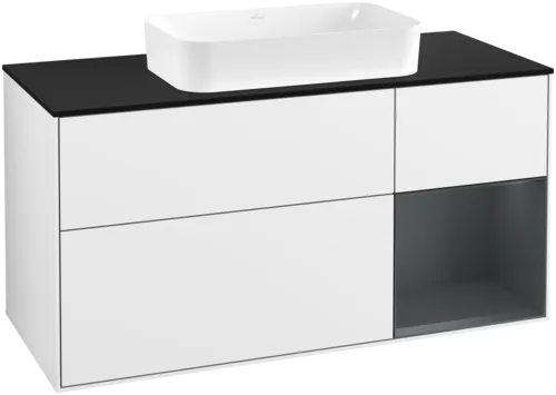 VILLEROY BOCH Toaletní skříňka Finion, s osvětlením, 3 výsuvy, 1200 x 603 x 501 mm, lesklý bílý lak / půlnoční modrý matný lak / černé matné sklo #F712HGGF