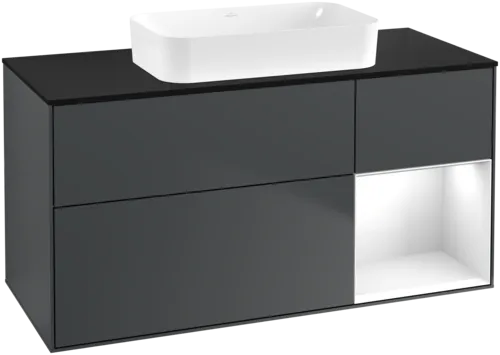 VILLEROY BOCH Toaletní skříňka Finion, s osvětlením, 3 výsuvy, 1200 x 603 x 501 mm, Midnight Blue Matt Lacquer / Glossy White Lacquer / Glass Black Matt #F712GFHG