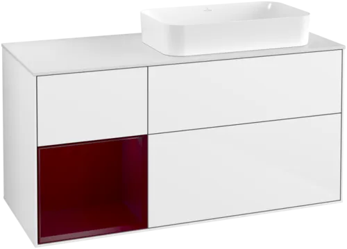 VILLEROY BOCH Toaletní skříňka Finion, s osvětlením, 3 výsuvy, 1200 x 603 x 501 mm, lesklý bílý lak / matný lak Pivoňka / matné bílé sklo #F681HBGF