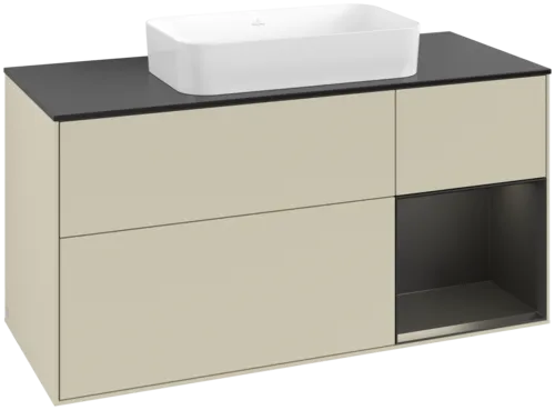 VILLEROY BOCH Toaletní skříňka Finion, s osvětlením, 3 výsuvy, 1200 x 603 x 501 mm, hedvábně šedý matný lak / černý matný lak / černé matné sklo #F712PDHJ