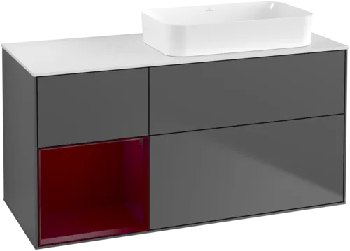 VILLEROY BOCH Toaletní skříňka Finion, s osvětlením, 3 výsuvy, 1200 x 603 x 501 mm, antracitový matný lak / pivoňkový matný lak / bílé matné sklo #F681HBGK