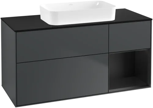 VILLEROY BOCH Toaletní skříňka Finion, s osvětlením, 3 výsuvy, 1200 x 603 x 501 mm, Midnight Blue Matt Lacquer / Black Matt Lacquer / Glass Black Matt #F712PDHG