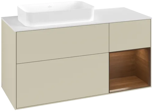 VILLEROY BOCH Toaletní skříňka Finion, s osvětlením, 3 výsuvy, 1200 x 603 x 501 mm, hedvábně šedý matný lak / ořechová dýha / sklo bílé matné #F691GNHJ