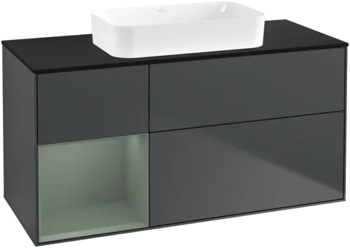 VILLEROY BOCH Toaletní skříňka Finion, s osvětlením, 3 výsuvy, 1200 x 603 x 501 mm, Midnight Blue Matt Lacquer / Olive Matt Lacquer / Glass Black Matt #F702GMHG