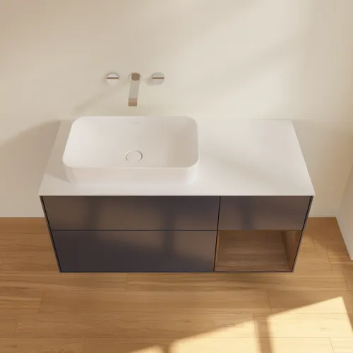VILLEROY BOCH Toaletní skříňka Finion, s osvětlením, 3 výsuvy, 1200 x 603 x 501 mm, půlnočně modrý matný lak / ořechová dýha / bílé matné sklo #F691GNHG, obrázek 3
