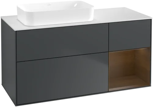 VILLEROY BOCH Toaletní skříňka Finion, s osvětlením, 3 výsuvy, 1200 x 603 x 501 mm, půlnočně modrý matný lak / ořechová dýha / bílé matné sklo #F691GNHG
