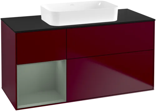 VILLEROY BOCH Toaletní skříňka Finion, s osvětlením, 3 výsuvy, 1200 x 603 x 501 mm, Pivoňka matný lak / Olivový matný lak / Sklo černé matné #F702GMHB