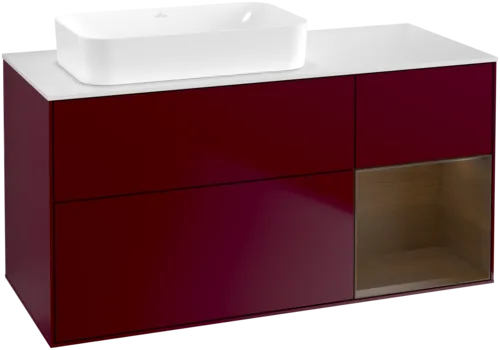 VILLEROY BOCH Toaletní skříňka Finion, s osvětlením, 3 výsuvy, 1200 x 603 x 501 mm, matný lak Peony / ořechová dýha / bílé matné sklo #F691GNHB