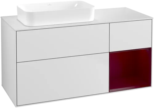 VILLEROY BOCH Toaletní skříňka Finion, s osvětlením, 3 výsuvy, 1200 x 603 x 501 mm, bílý matný lak / pivoňkový matný lak / sklo bílé matné #F691HBMT