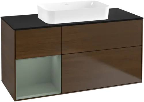 VILLEROY BOCH Toaletní skříňka Finion, s osvětlením, 3 výsuvy, 1200 x 603 x 501 mm, ořechová dýha / olivově matný lak / sklo černé matné #F702GMGN