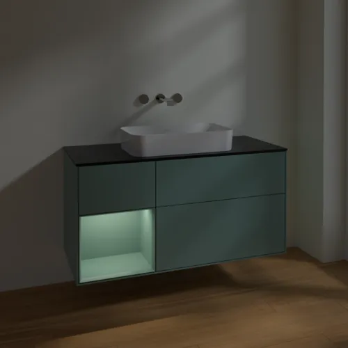 VILLEROY BOCH Toaletní skříňka Finion, s osvětlením, 3 výsuvy, 1200 x 603 x 501 mm, olivově matný lak / olivově matný lak / sklo černé matné #F702GMGM, obrázek 4