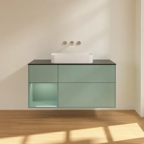 VILLEROY BOCH Toaletní skříňka Finion, s osvětlením, 3 výsuvy, 1200 x 603 x 501 mm, olivově matný lak / olivově matný lak / sklo černé matné #F702GMGM, obrázek 3