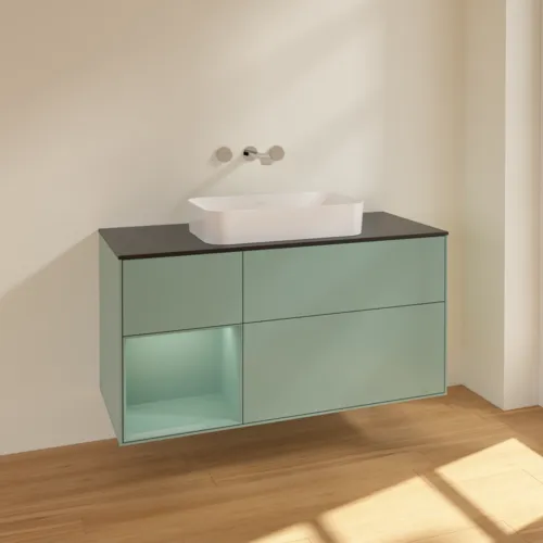 VILLEROY BOCH Toaletní skříňka Finion, s osvětlením, 3 výsuvy, 1200 x 603 x 501 mm, olivově matný lak / olivově matný lak / sklo černé matné #F702GMGM, obrázek 2