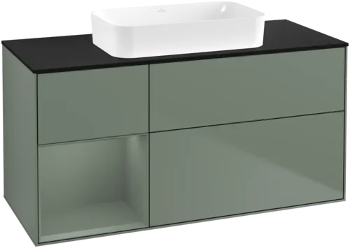 VILLEROY BOCH Toaletní skříňka Finion, s osvětlením, 3 výsuvy, 1200 x 603 x 501 mm, olivově matný lak / olivově matný lak / sklo černé matné #F702GMGM