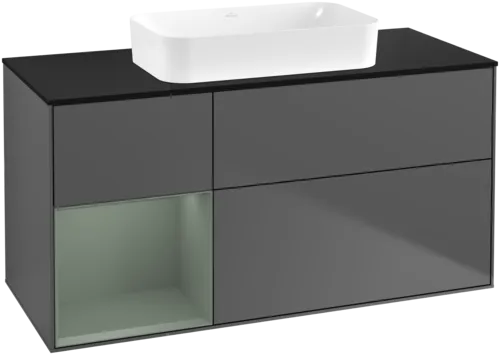 VILLEROY BOCH Toaletní skříňka Finion, s osvětlením, 3 výsuvy, 1200 x 603 x 501 mm, antracitový matný lak / olivový matný lak / černé matné sklo #F702GMGK