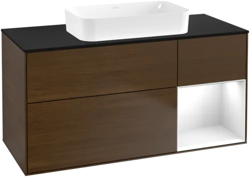 VILLEROY BOCH Toaletní skříňka Finion, s osvětlením, 3 výsuvy, 1200 x 603 x 501 mm, ořechová dýha / lesklý bílý lak / sklo černé matné #F712GFGN