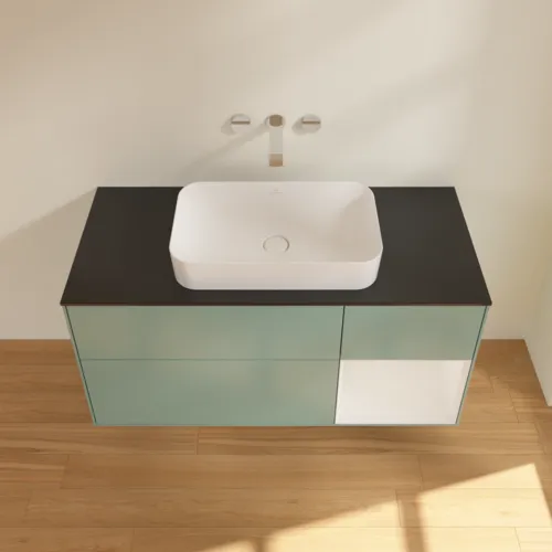 VILLEROY BOCH Toaletní skříňka Finion, s osvětlením, 3 výsuvy, 1200 x 603 x 501 mm, olivový matný lak / lesklý bílý lak / sklo černé matné #F712GFGM, obrázek 2