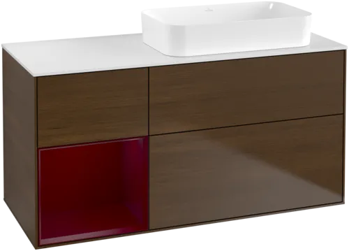VILLEROY BOCH Toaletní skříňka Finion, s osvětlením, 3 výsuvy, 1200 x 603 x 501 mm, ořechová dýha / matný lak Pivoňka / matné bílé sklo #F681HBGN