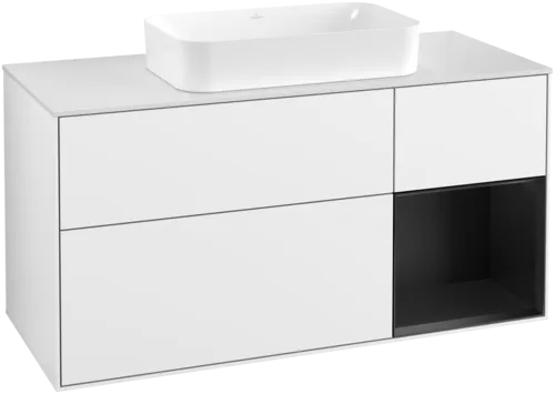 VILLEROY BOCH Toaletní skříňka Finion, s osvětlením, 3 výsuvy, 1200 x 603 x 501 mm, lesklý bílý lak / černý matný lak / sklo bílé matné #F711PDGF