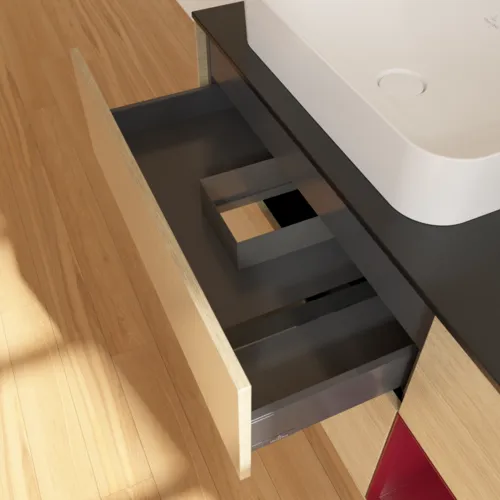 VILLEROY BOCH Toaletní skříňka Finion, s osvětlením, 3 výsuvy, 1200 x 603 x 501 mm, dubová dýha / matný lak Pivoňka / matné černé sklo #F692HBPC, obrázek 4